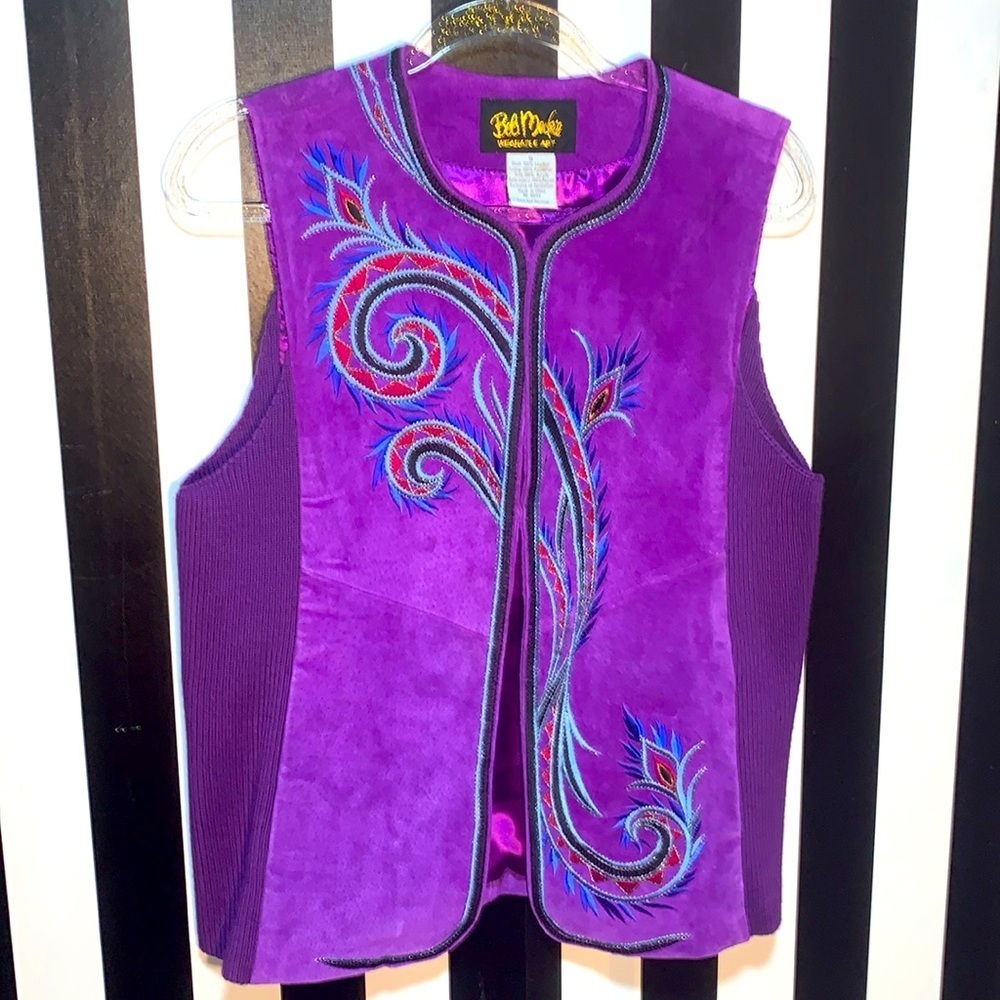 Bob Mackie Wearable Art Purple Suede Vest Womans Small Vintage Retro 90s Leather